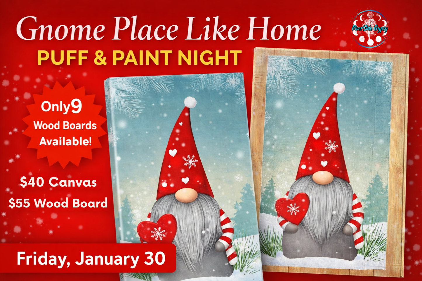 🎨💨 Gnome Place Like Home: Puff & Paint Night Canvas + Limited Wood Board Option